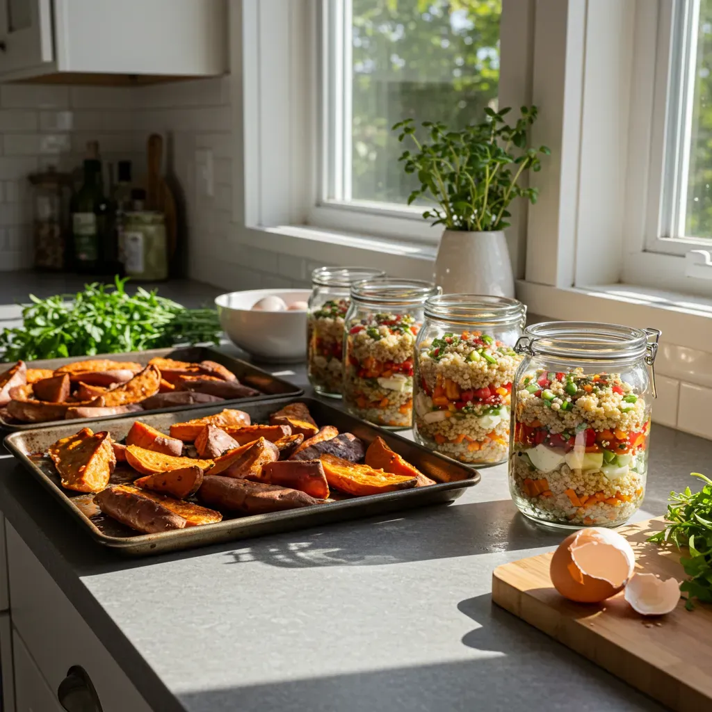 90-minute kitchen meal prep in progress