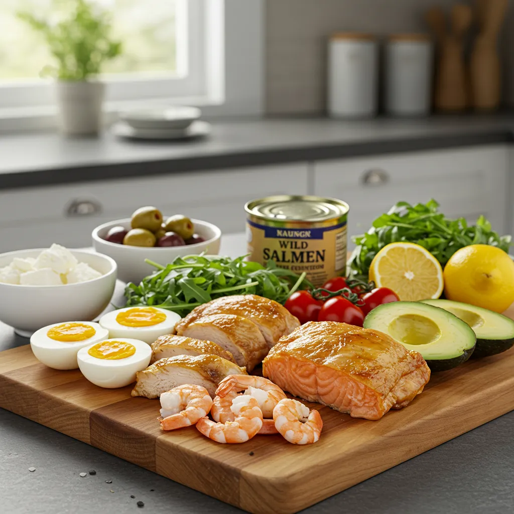  Fresh proteins and vegetables arranged for quick beach meal prep