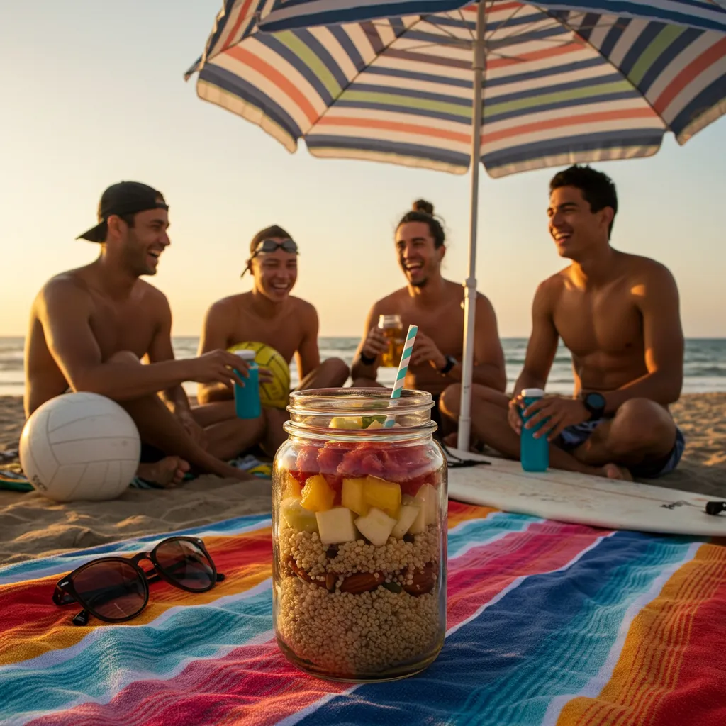 Group of athletes sharing recovery food on the beach at sunset