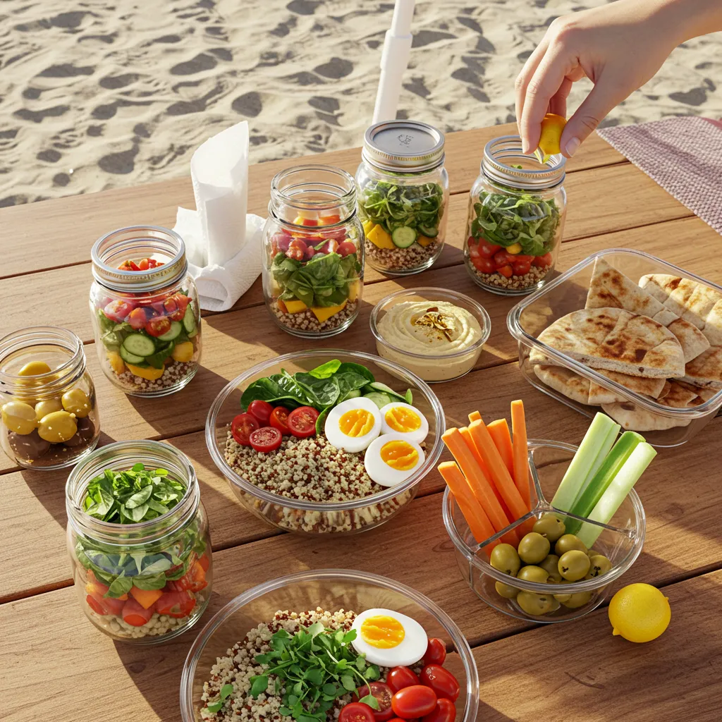Overhead shot of rustic beach picnic table with quinoa bowls, mason jar salads, and hummus