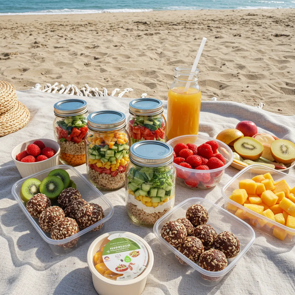 A healthy and budget-friendly beach picnic spread featuring mason jar salads, energy balls, and fresh fruit.