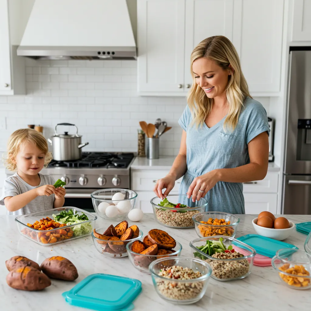 family prepping clean eating meals for the beach