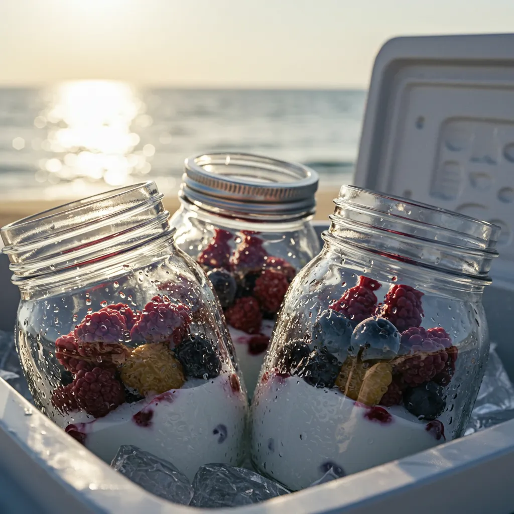 on jars of frozen yogurt and berries thawing in a beach cooler
