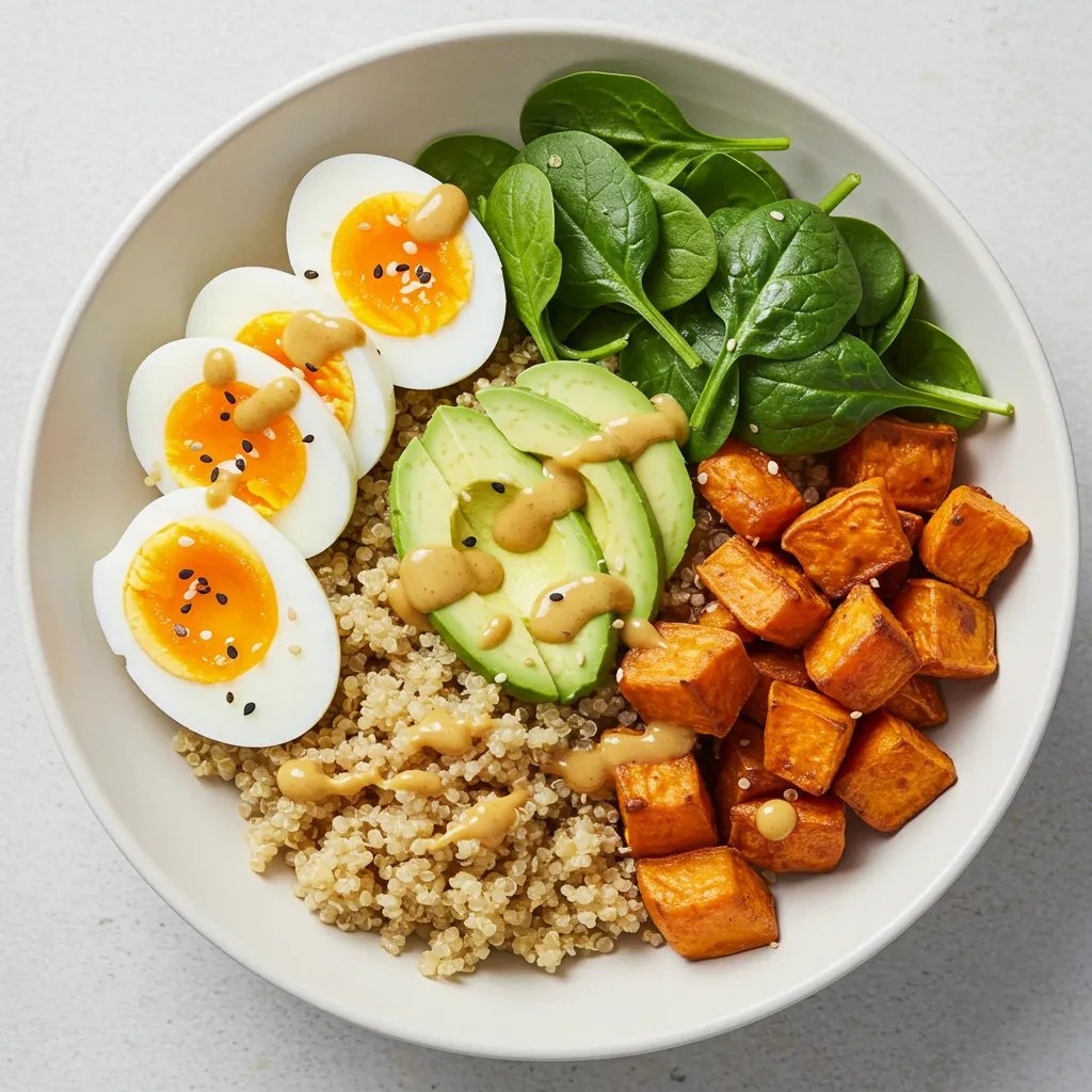  Healthy lunch meal prep bowl with quinoa, eggs, and vegetables