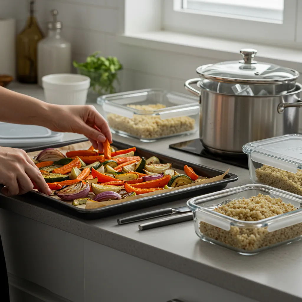 Healthy lunch meal prep in progress with roasted vegetables and eggs
