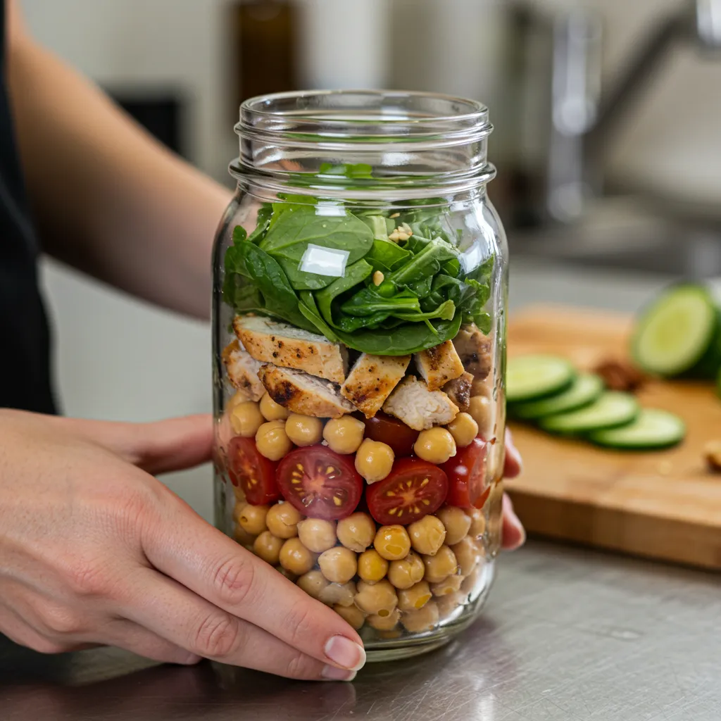  Mason jar salad with layered ingredients to prevent sogginess