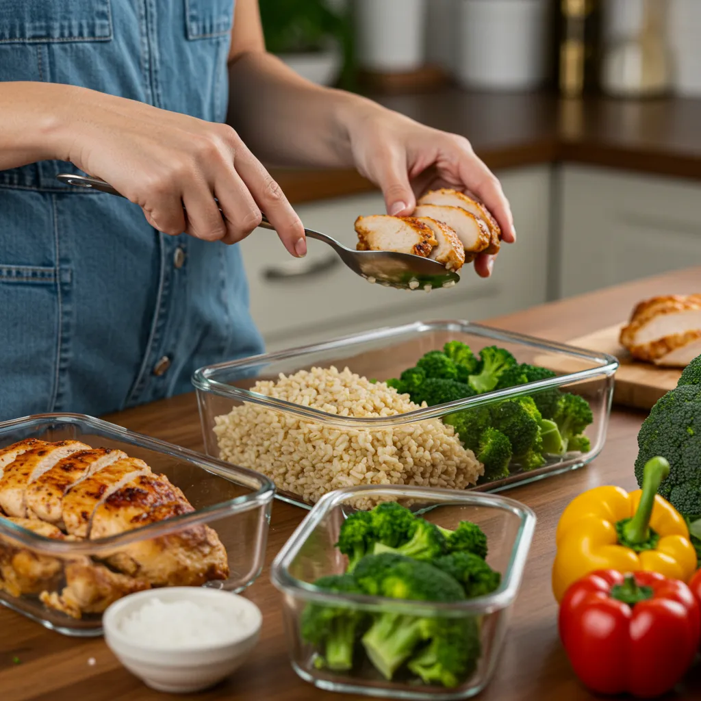 person portioning chicken rice and broccoli for meal prep