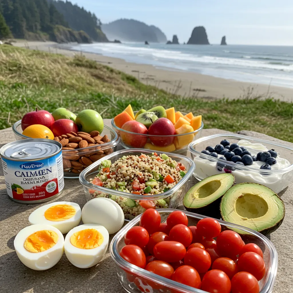 Nutrient-dense beach foods on picnic table