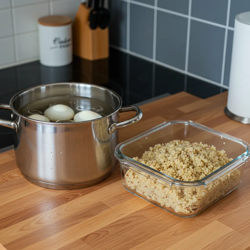 Hard-boiled eggs and quinoa beach prep
