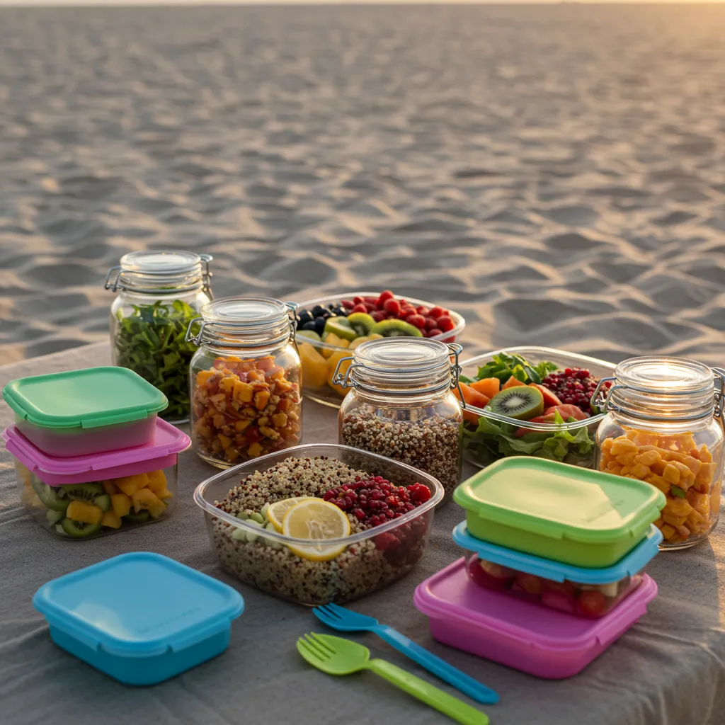 Organic beach meal prep picnic setup