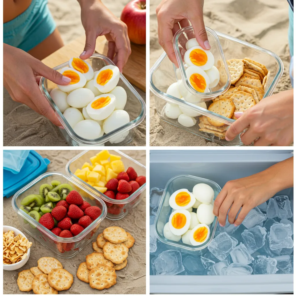 Packing beach snacks into containers with ice packs