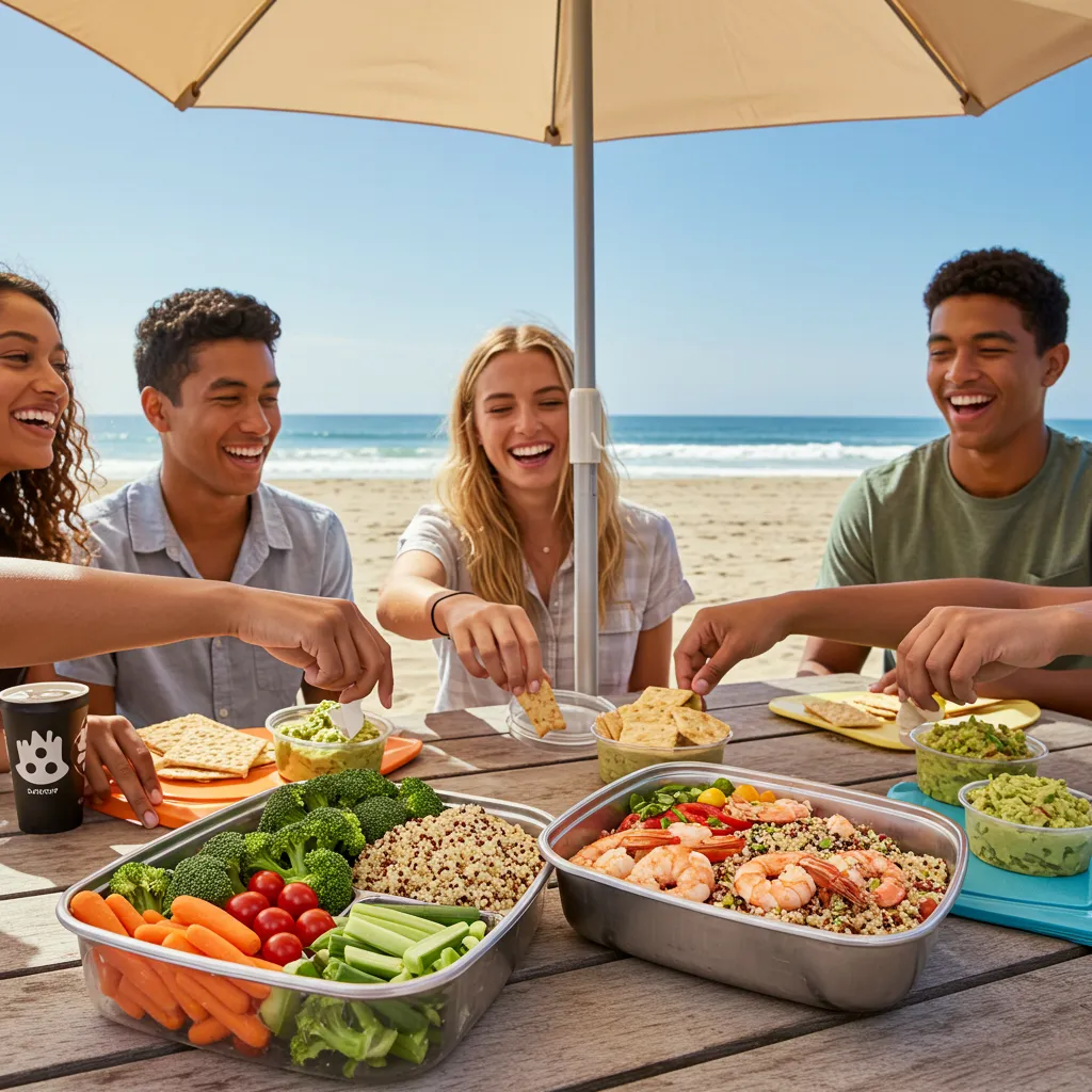  Friends enjoying prep-free beach meals with fresh vegetables and proteins
