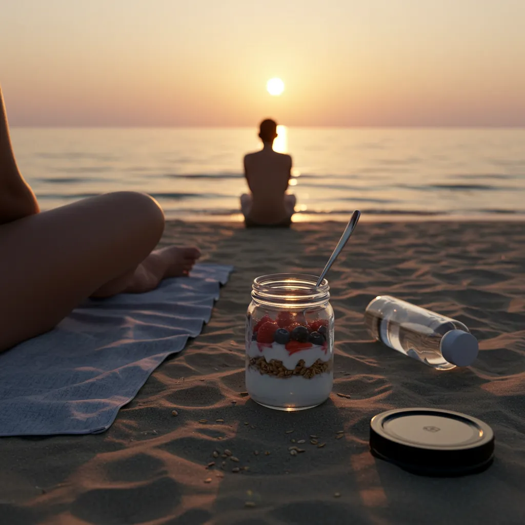 Person at sunrise on beach with yogurt parfait and water bottle, practicing mindful eating
