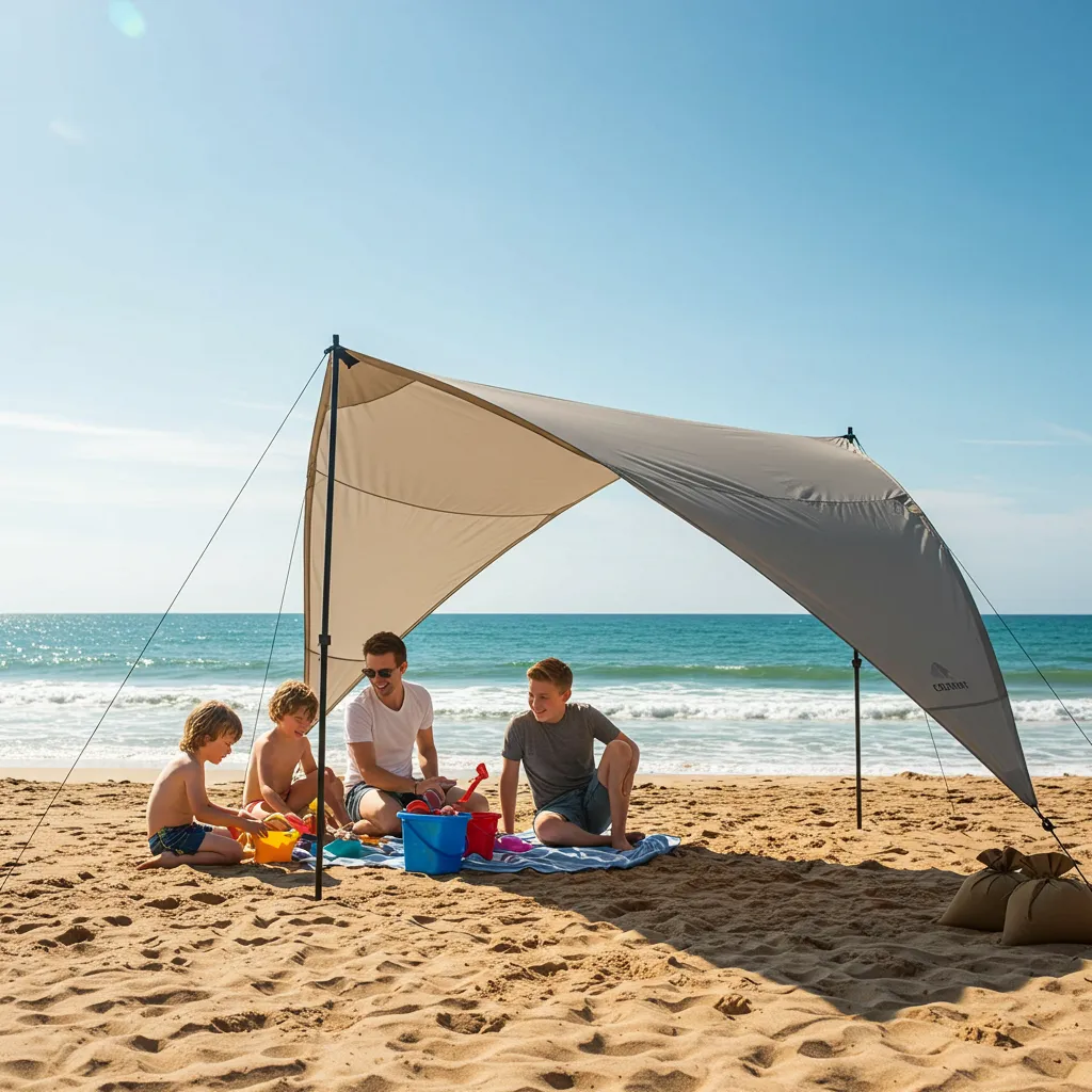 pop-up canopy providing shade for family on sunny beach