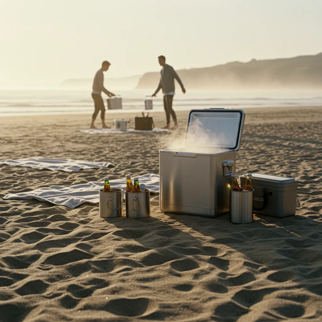 Couple unpacking a pre-chilled beach cooler at sunrise on a California shore