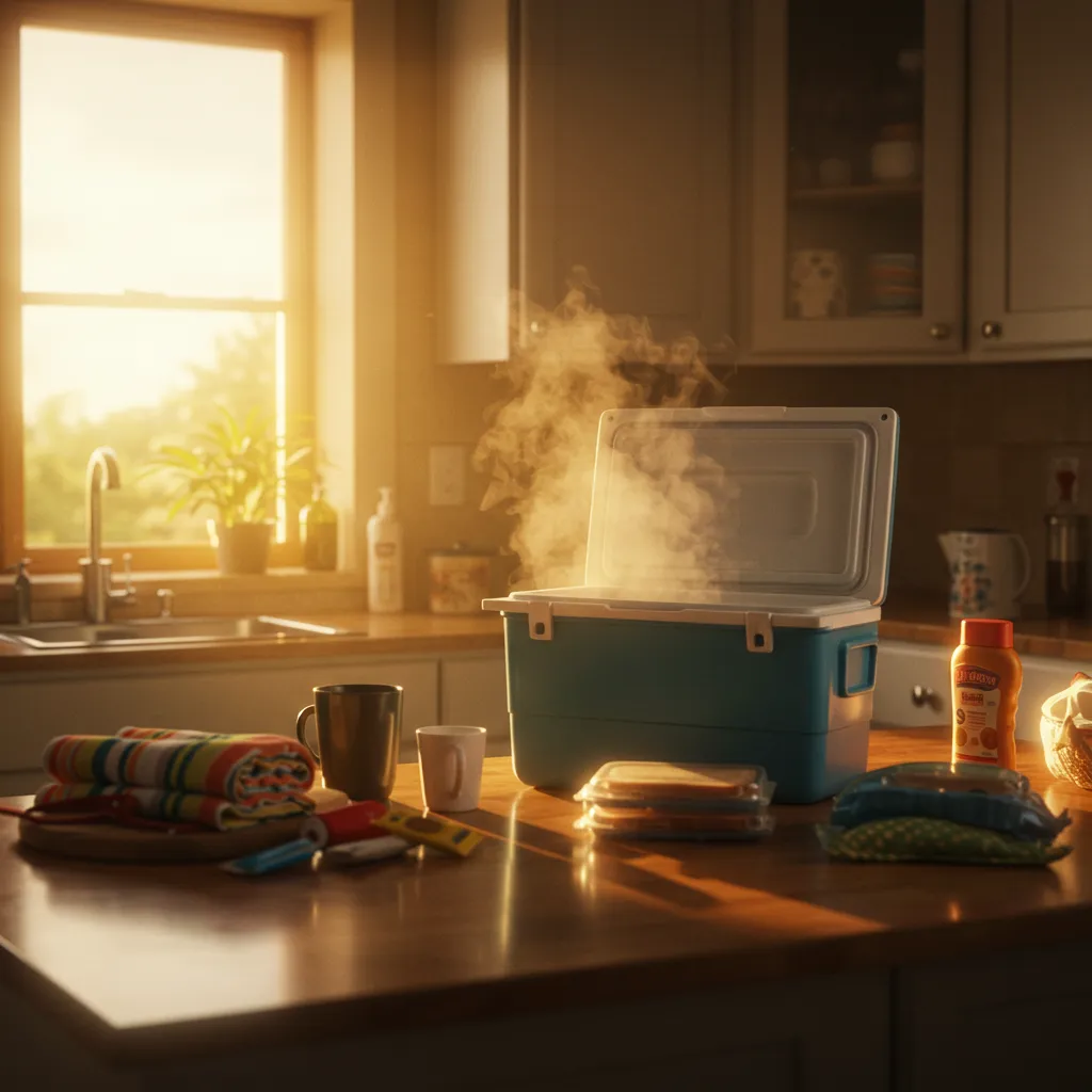 Parent staring at empty cooler in sunlitkitchen during early morning beach prep.