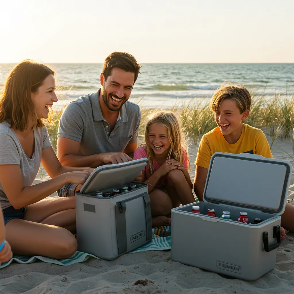 Family using separate coolers to keep food cold during beach outing