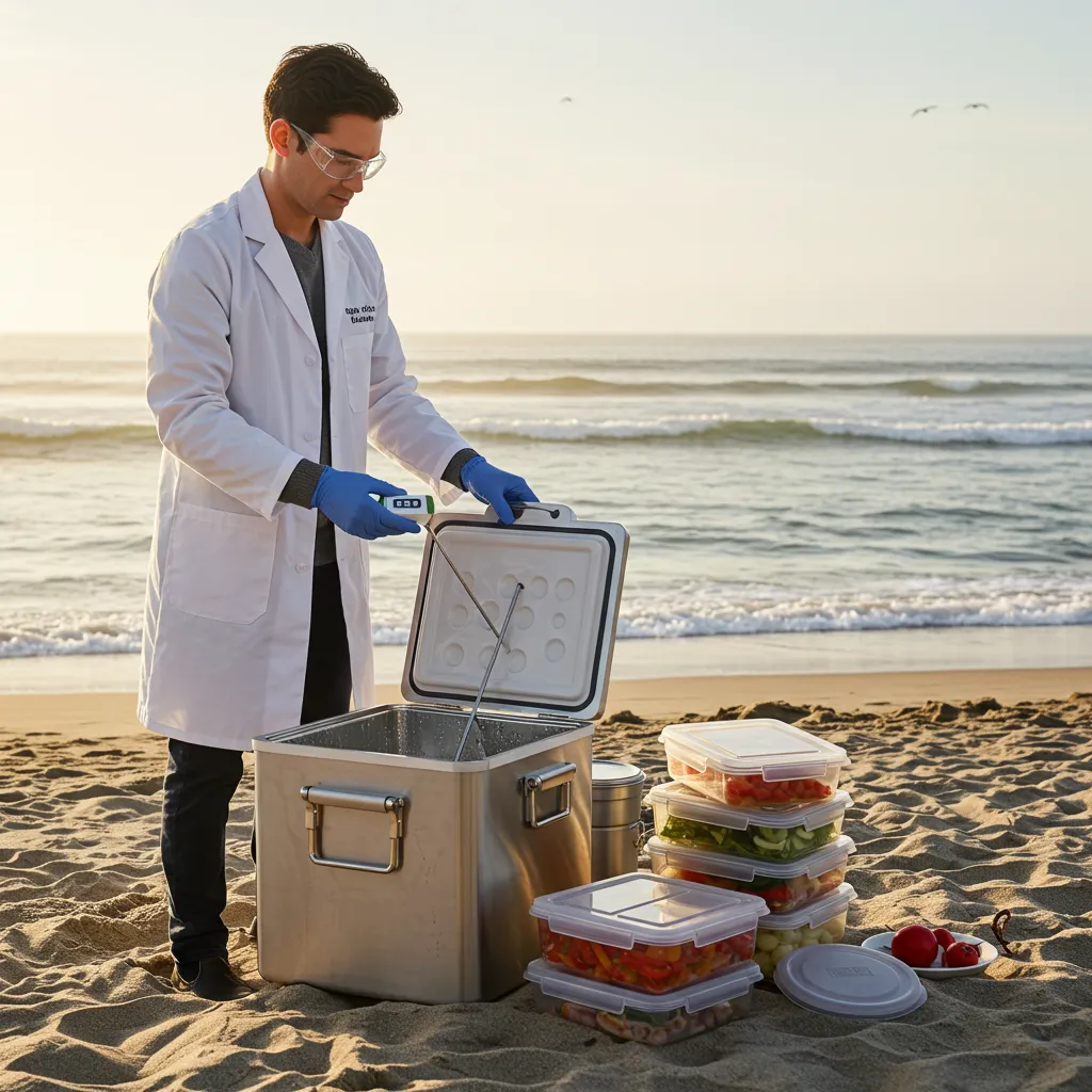 Dr. Aris Thorne testing cooler safety at a California beach