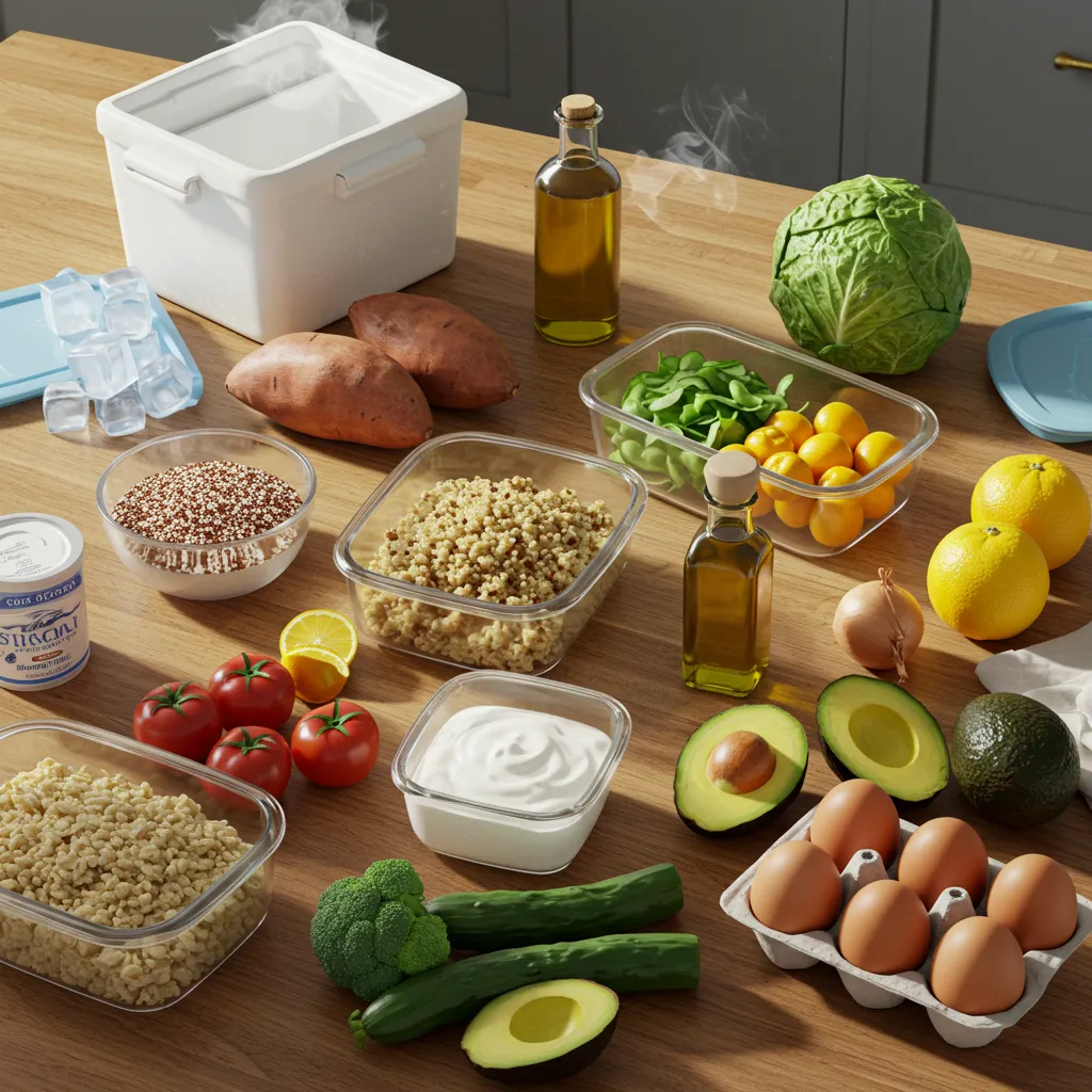 healthy meal prep ingredients for beach lunches on wooden counter
