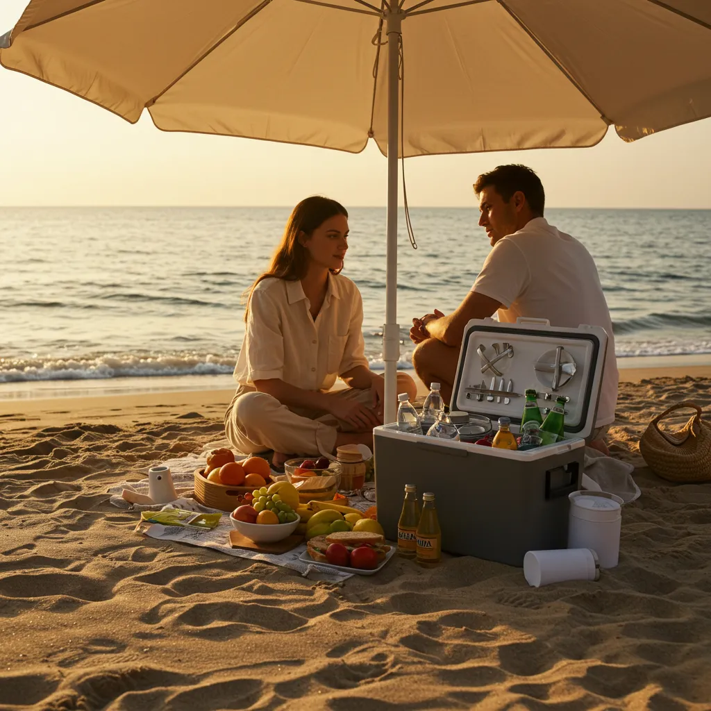 Couple setting up a beach picnic with cooler and fresh food at sunset