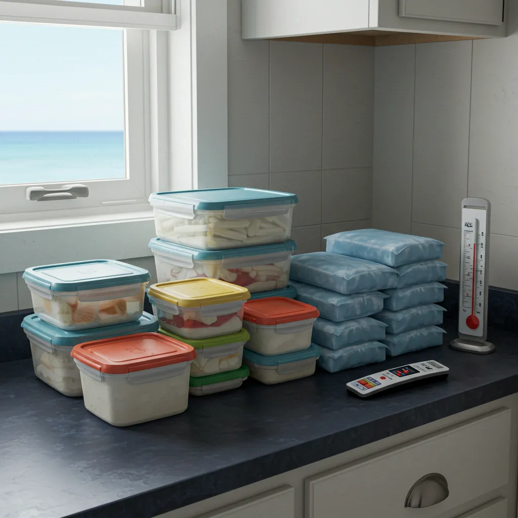 Organized kitchen counter with chilled containers and ice packs ready for beach packing.