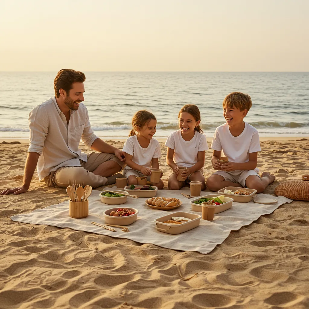 organized beach picnic setup with family enjoying sunrise on the sand