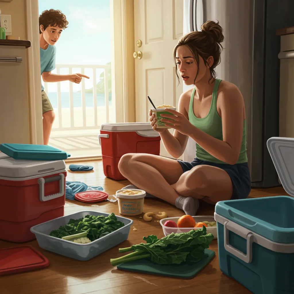 Woman sitting on kitchen floor surrounded by vegan snack prep chaos