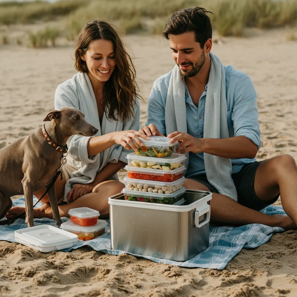 Couple with dog unpacking prepped modular meals at the beach