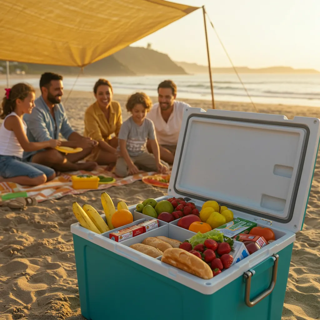 Family enjoying a beach picnic with fresh, chilled food from a well-packed cooler.