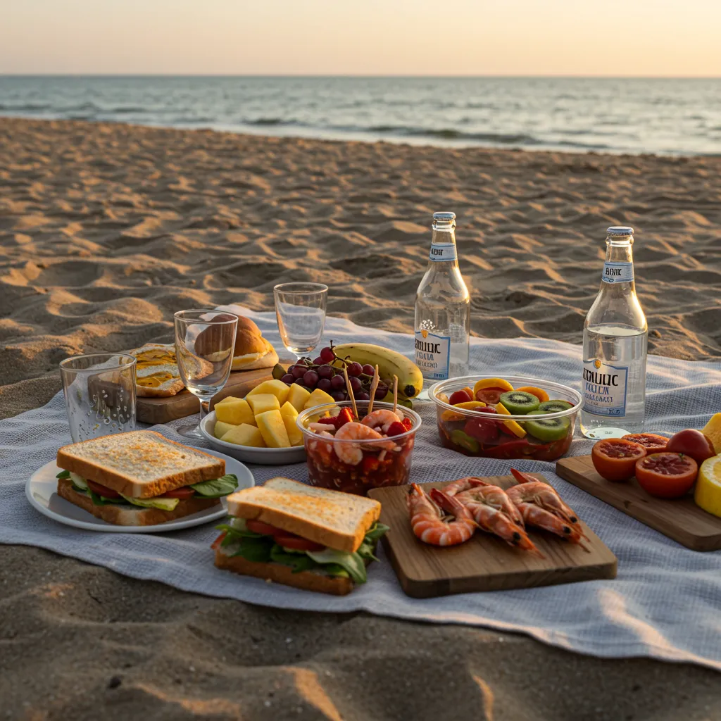Beautifully arranged beach picnic with fresh chilled food