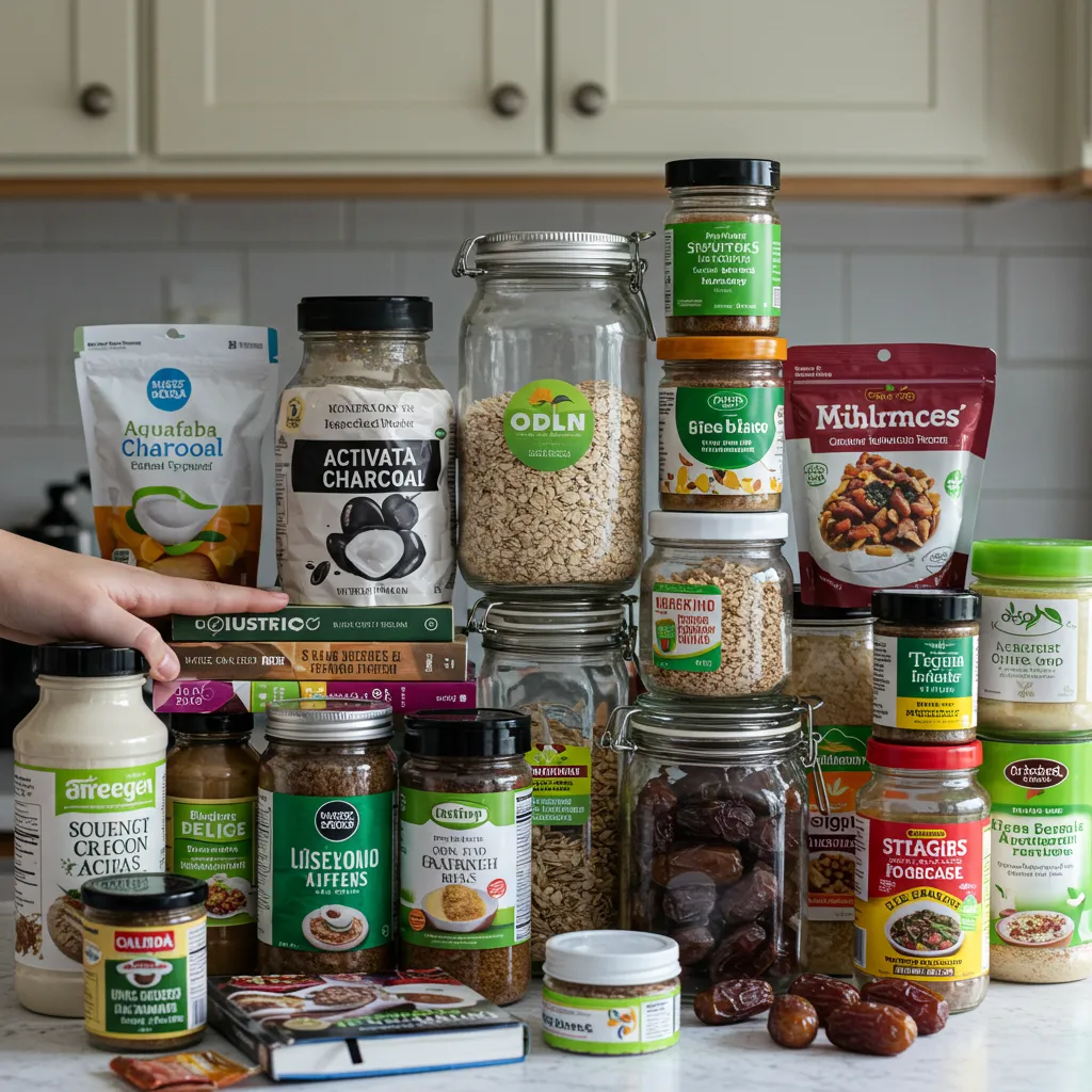  Cluttered kitchen counter with complex vegan snack ingredients