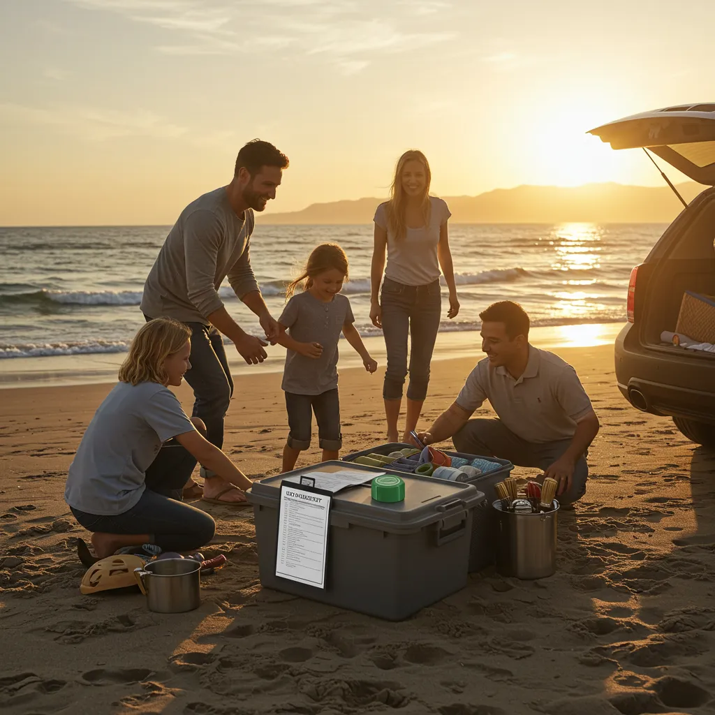family using checklist to pack up organized beach picnic gear at sunset