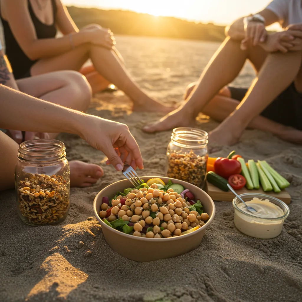  Minimal vegan beach picnic with chickpea salad and trail mix