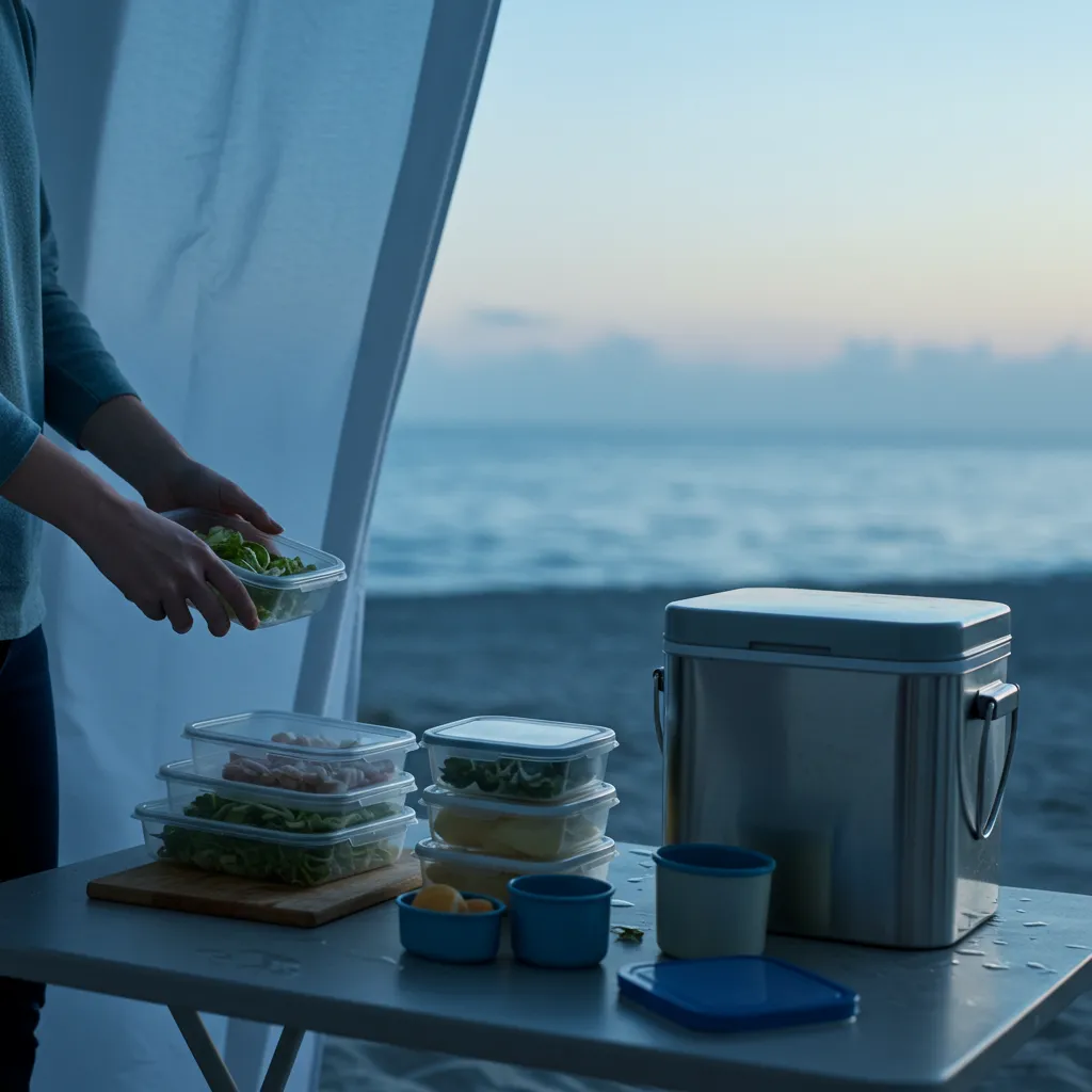 Person calmly pre-cooling containers outdoors at dawn in preparation for beach day.