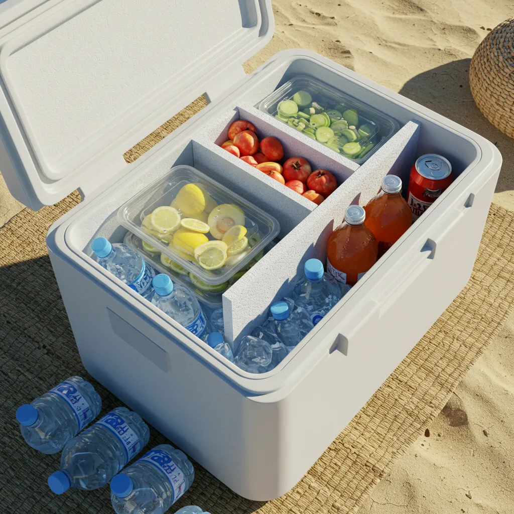 Organized layers of food and ice in a beach cooler using reverse-access packing method