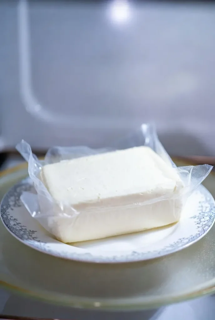 A rectangular block of cream cheese on a vintage-style plate on a glass microwave turntable, partially unwrapped.