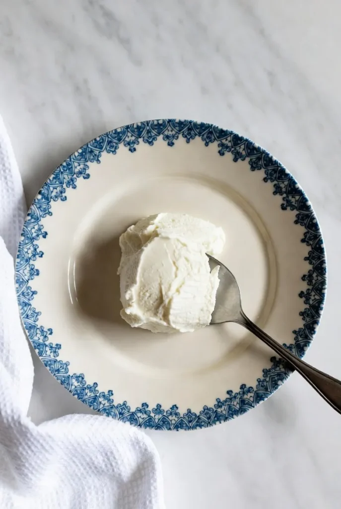 A dollop of creamy white cheese on a blue and white patterned plate with a silver spoon, on a marble counter.