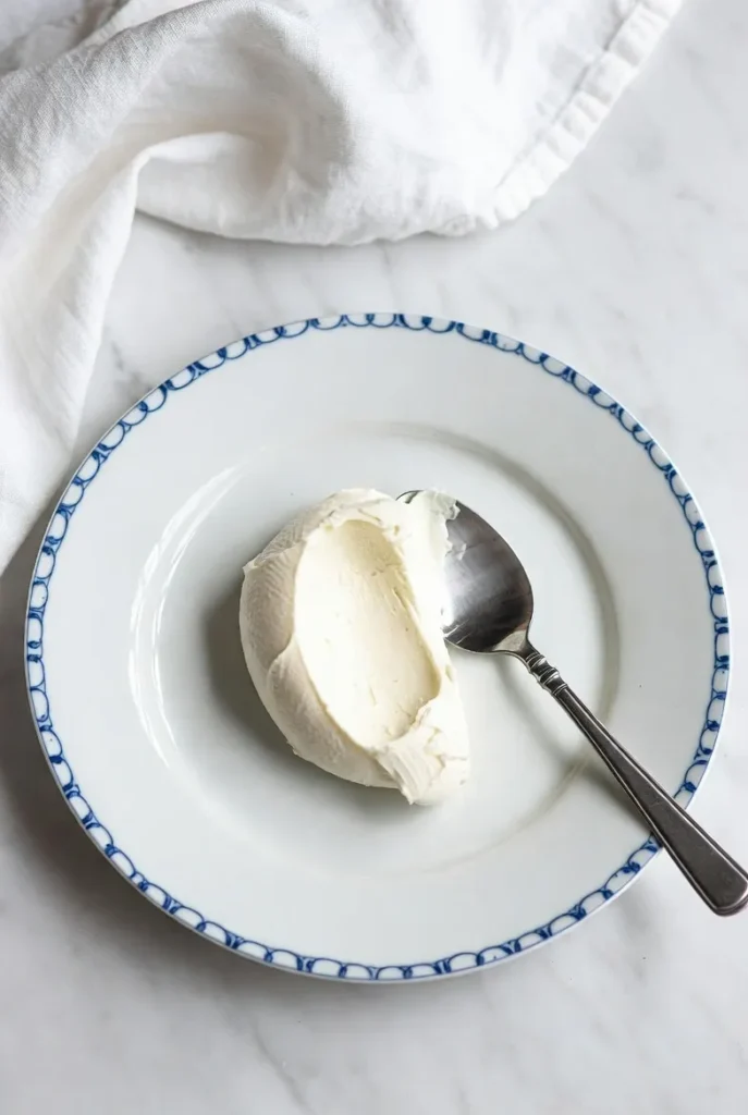 A white plate with a blue patterned rim holds creamy white mascarpone cheese and a silver spoon on a marble counter.