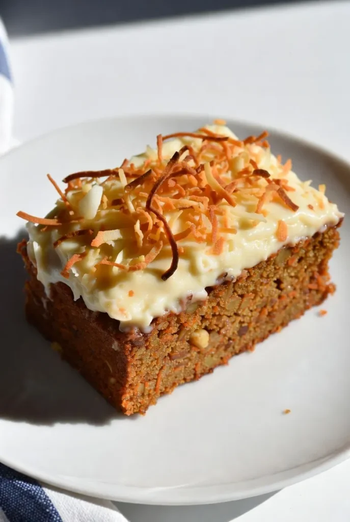 A close-up of a slice of carrot cake resting on a white plate, topped with generous cream cheese frosting and toasted coconut flakes, with a blue and white striped napkin visible at the bottom left.