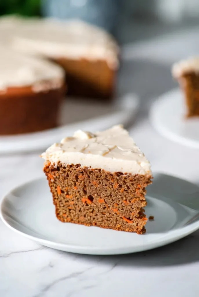A close-up studio shot of a delicious slice of moist carrot cake topped with creamy white frosting on a white plate.