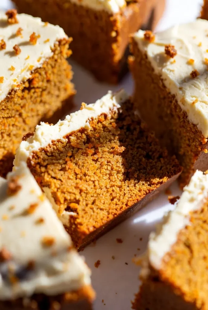 Close-up of moist carrot cake slices with creamy white frosting on a white surface, revealing rich texture.
