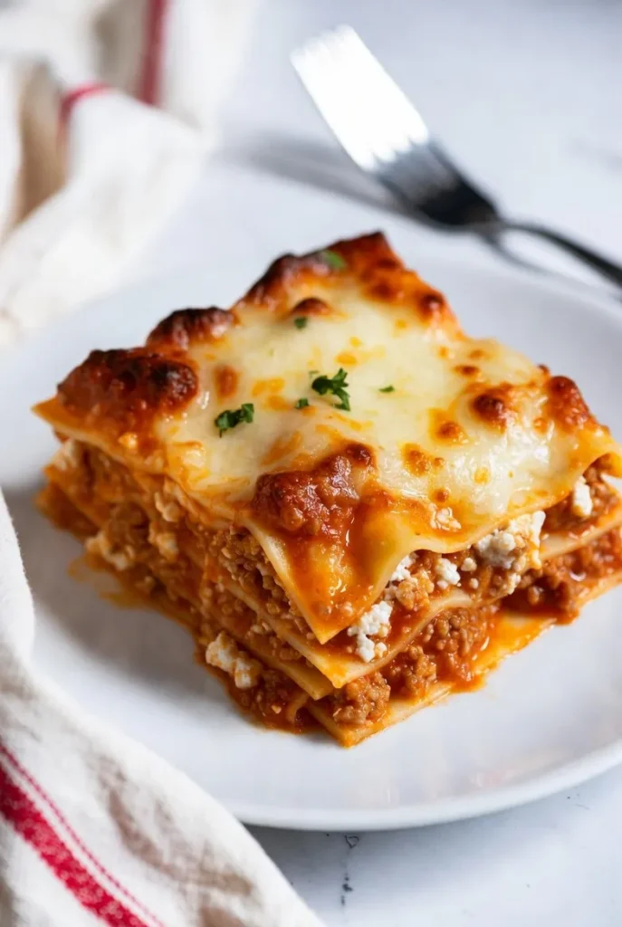 A mouth-watering slice of classic lasagna with melted cheese and herbs on a white plate, ready to be eaten.