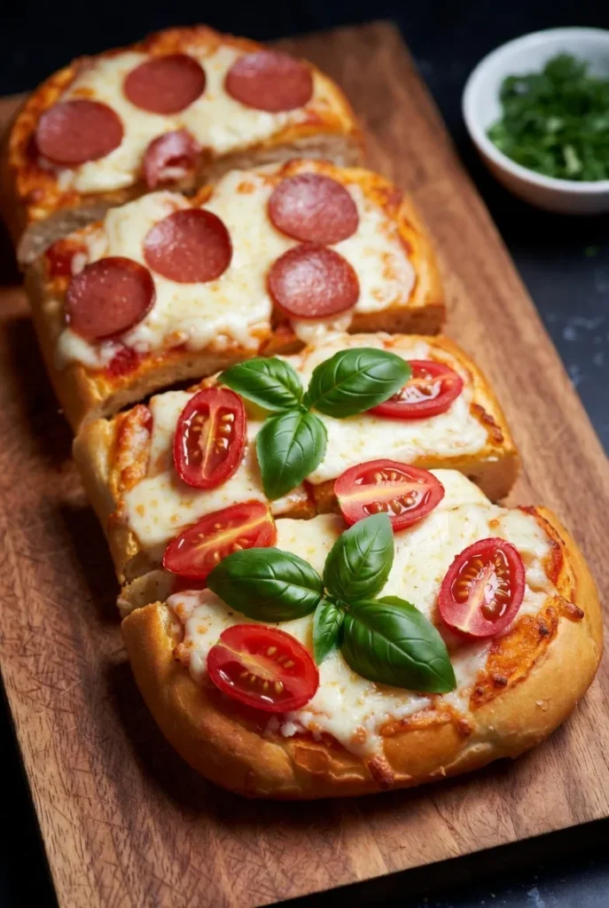 An overhead close-up of two rows of cheesy garlic bread pizza slices with tomatoes and basil on a wooden board.