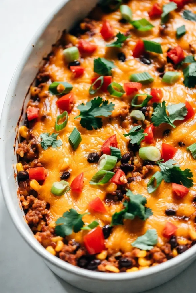 A close-up of a bubbling, cheesy Mexican casserole in a white dish, topped with fresh tomatoes, cilantro, and green onions.