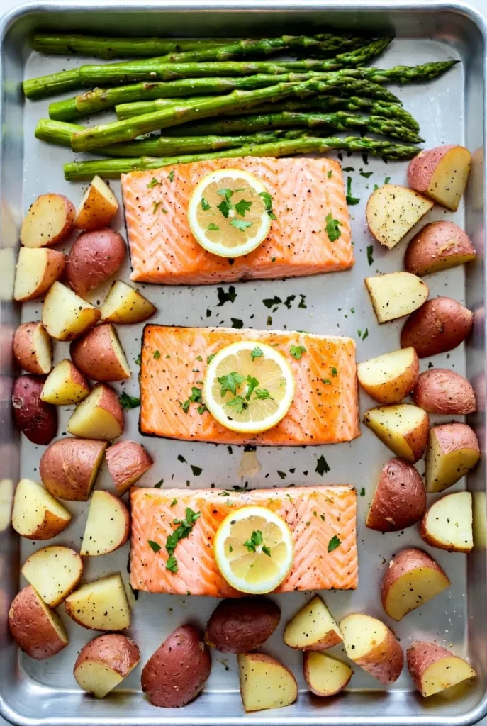Overhead view of a sheet pan meal featuring three salmon fillets with lemon, roasted red and white potatoes, and green asparagus.