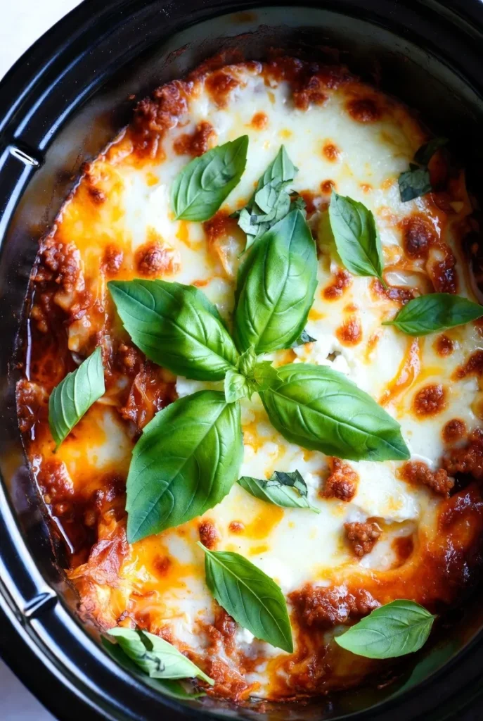 Close-up of a bubbling hot lasagna with melted cheese and fresh basil in a black slow cooker, ready to serve.