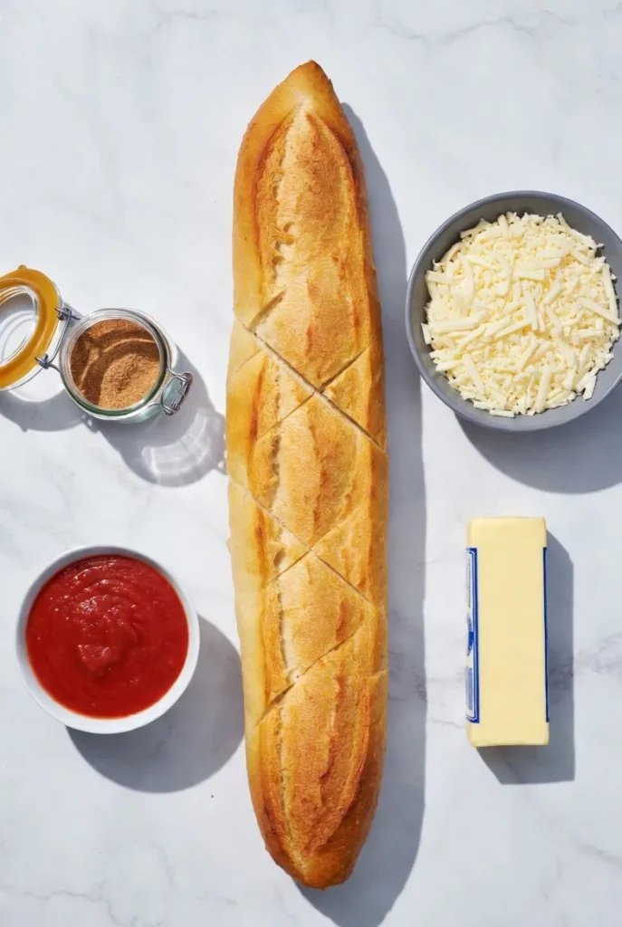 Overhead view of French bread, tomato sauce, shredded mozzarella, garlic powder, and a stick of butter on white marble.