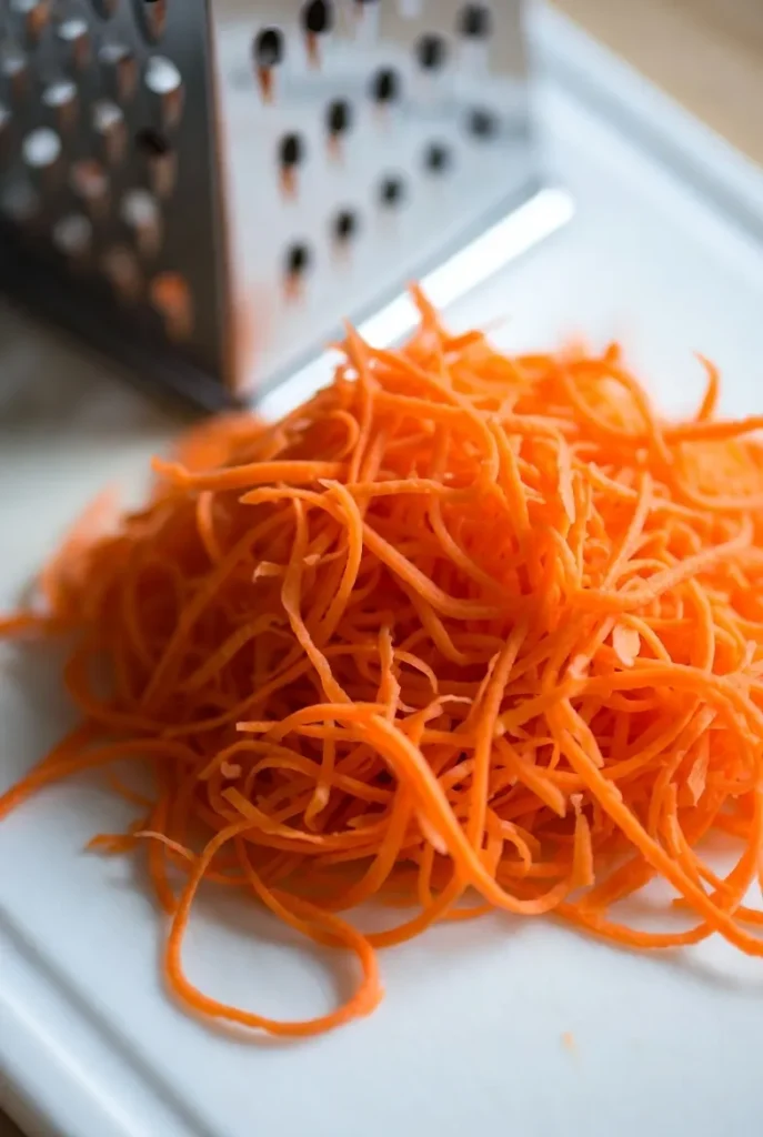 A close-up of a pile of bright orange grated carrots on a white cutting board, with a metal grater blurred in the background.