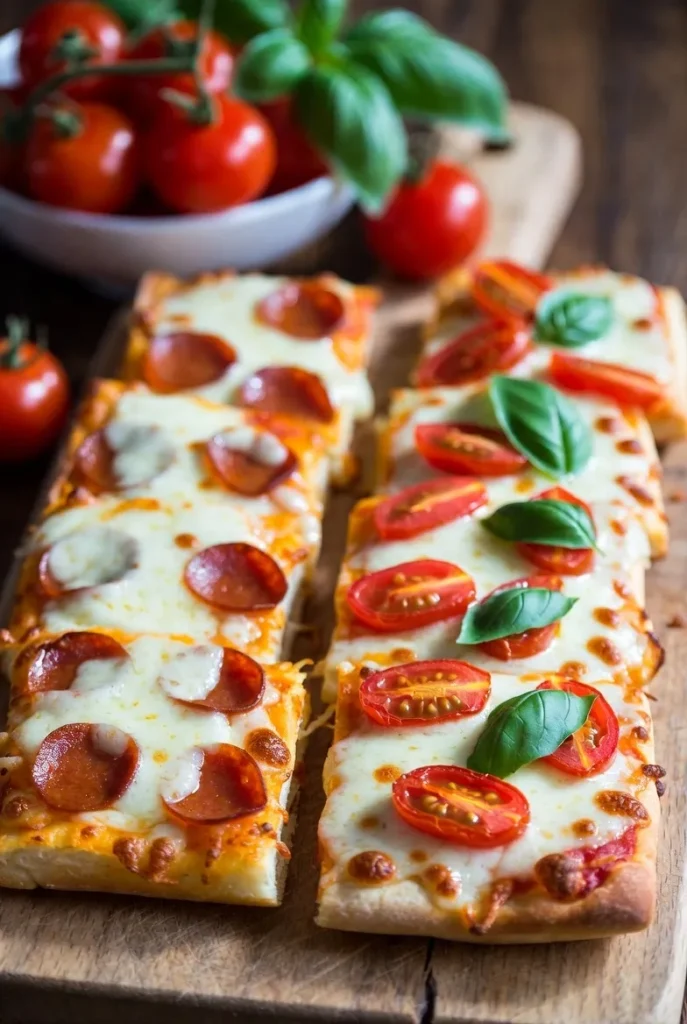 Two rows of delicious pizza breadsticks, one with pepperoni and the other with roasted tomatoes and basil, on a wooden board.