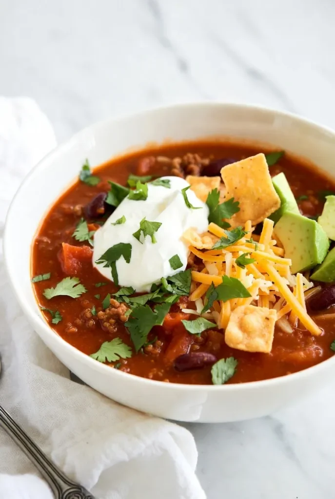 A vibrant bowl of chili generously topped with sour cream, avocado, cheese, cilantro, and tortilla chips on a clean white surface.